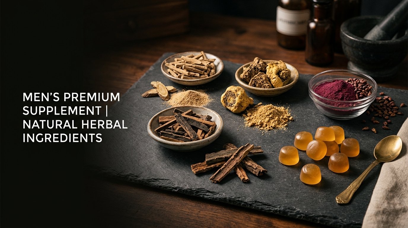 Natural herbal ingredients used in SodaPeak Premium Formula — roots, extracts and gummies